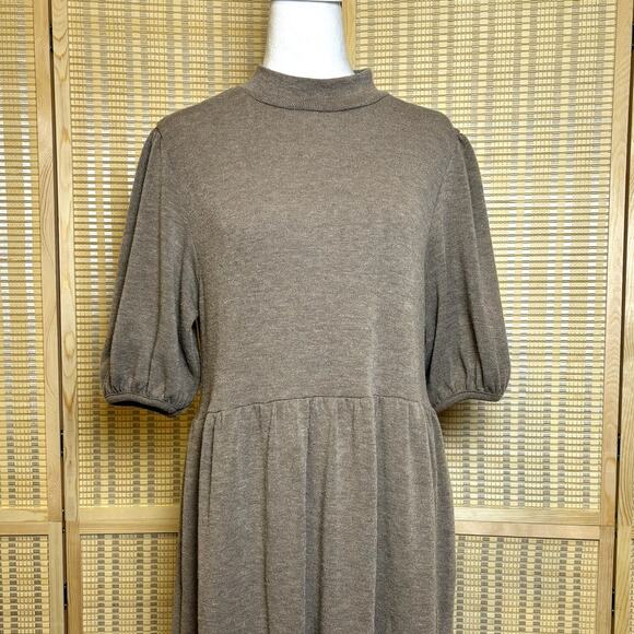 Zara Knit Mock Neck Tiered Peasant Style Brown Puff Sleeve Midi Dress Size Large - Picture 2 of 7